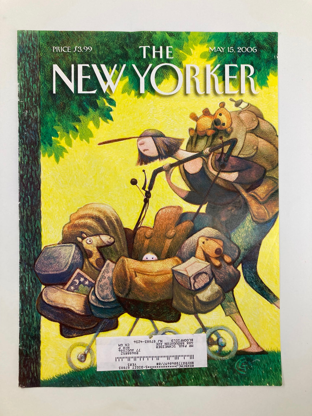 The New Yorker cover for May 15, 2006, titled 'Happy Mother's Day' by Carter Goodrich, featuring a whimsical illustration of a woman with a stroller amidst a colorful backdrop.