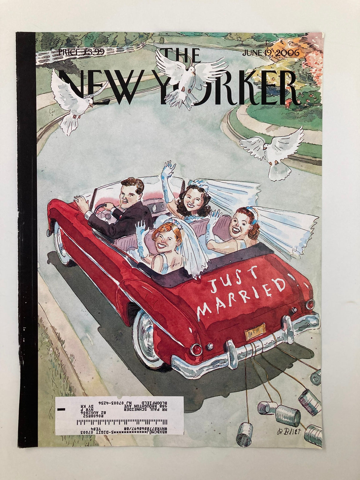 Close-up view of The New Yorker June 19 2006 cover 'Just Married' by Barry Blitt, highlighting vibrant colors and festive elements including a wedding-themed car and joyful figures.
