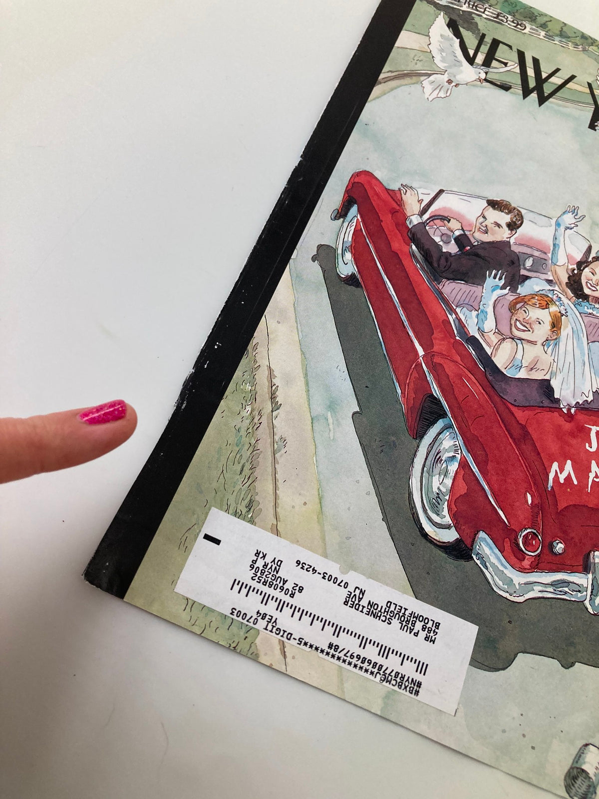 Side view of The New Yorker June 19 2006 cover 'Just Married' by Barry Blitt, showcasing the magazine's spine and details of the cover design with a focus on the playful illustration.