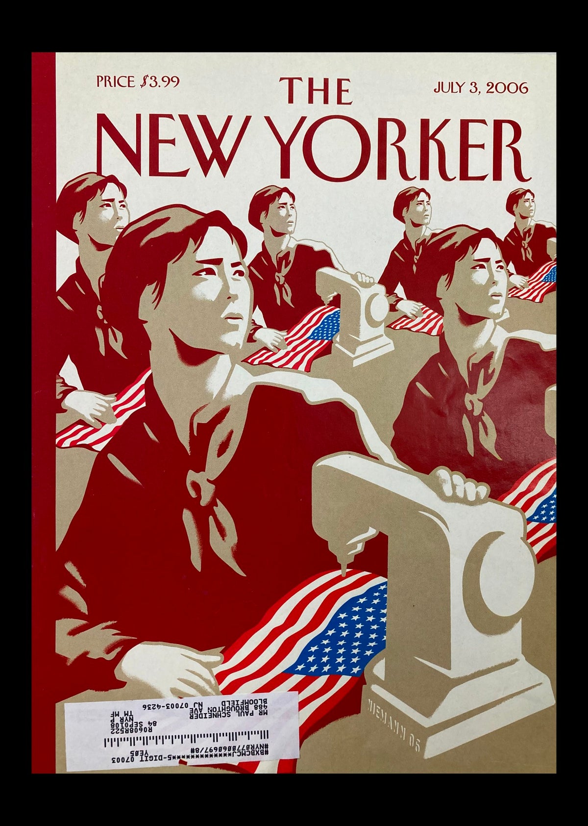 Cover of The New Yorker July 3 2006 titled 'Dependence Day' featuring artwork by Christoph Niemann, depicting figures with sewing machines against a backdrop of American flags.