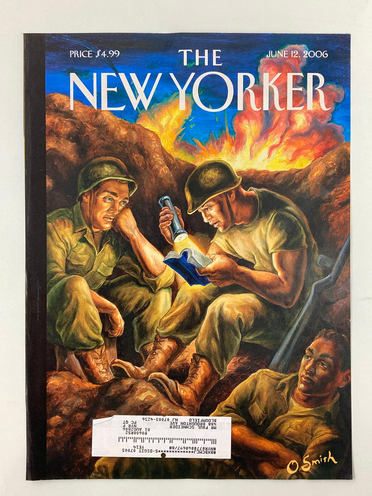 Cover of The New Yorker June 12, 2006 showcasing 'Dispatches from Iraq' by Owen Smith, illustrating a group of soldiers engaged in a poignant moment amidst war, highlighting powerful narrative and artistic expression.