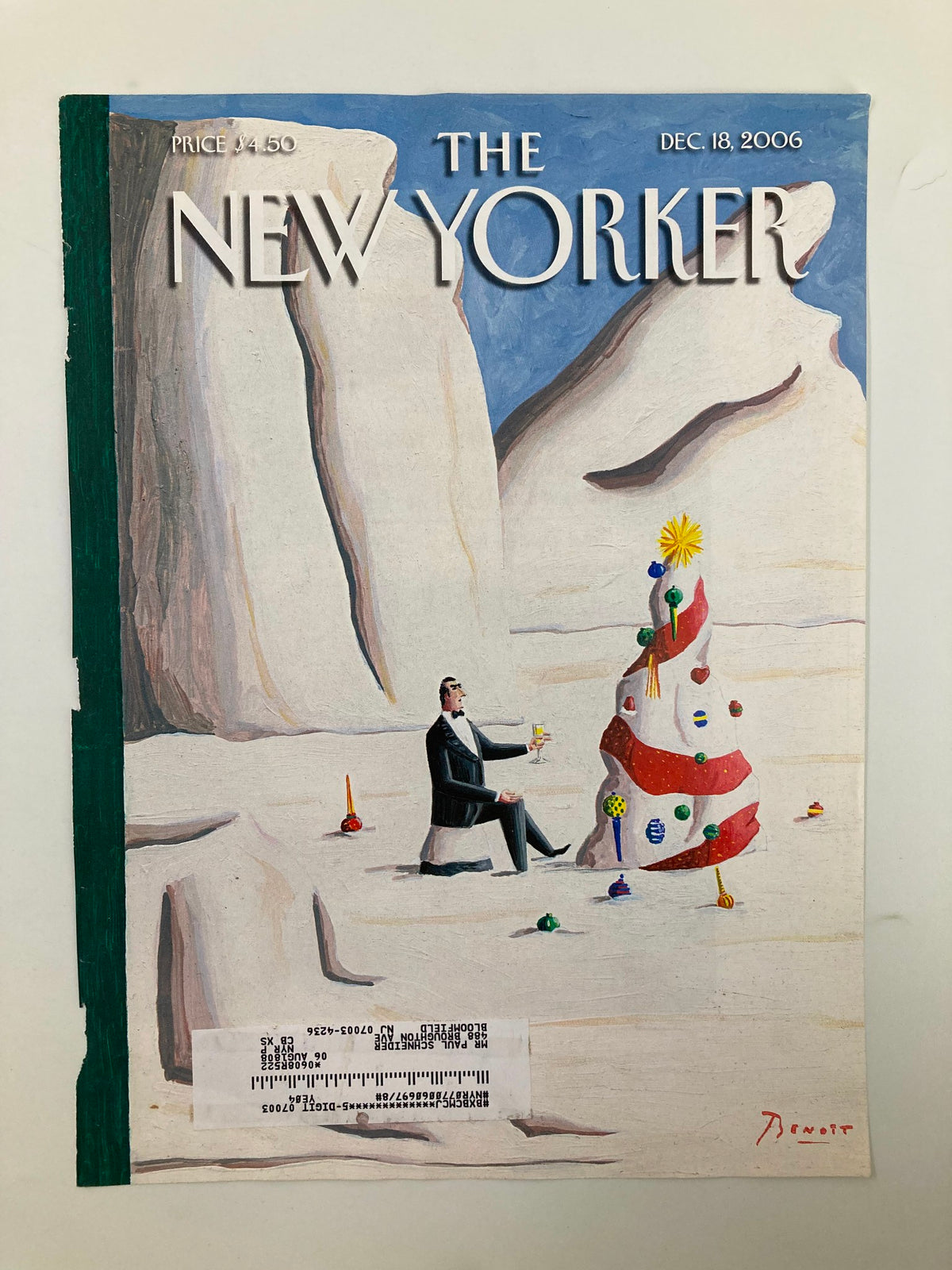 COVER ONLY The New Yorker December 18 2006 Happy Holidays showcasing a man in a suit enjoying a holiday drink beside a colorful Christmas tree in a serene winter setting.