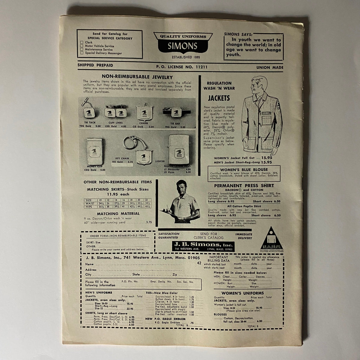 Back cover of Simons Uniforms catalog advertising non-reimbursable jewelry, jackets, and uniforms for postal and service workers. Features detailed pricing and item descriptions.