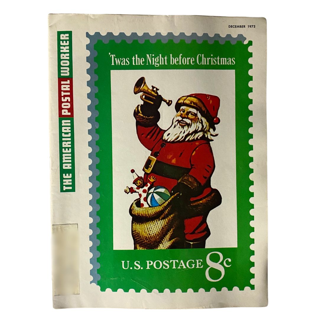 VTG The American Postal Worker Magazine December 1972 cover featuring Santa Claus with trumpet and holiday imagery, themed 'Twas the Night before Christmas.