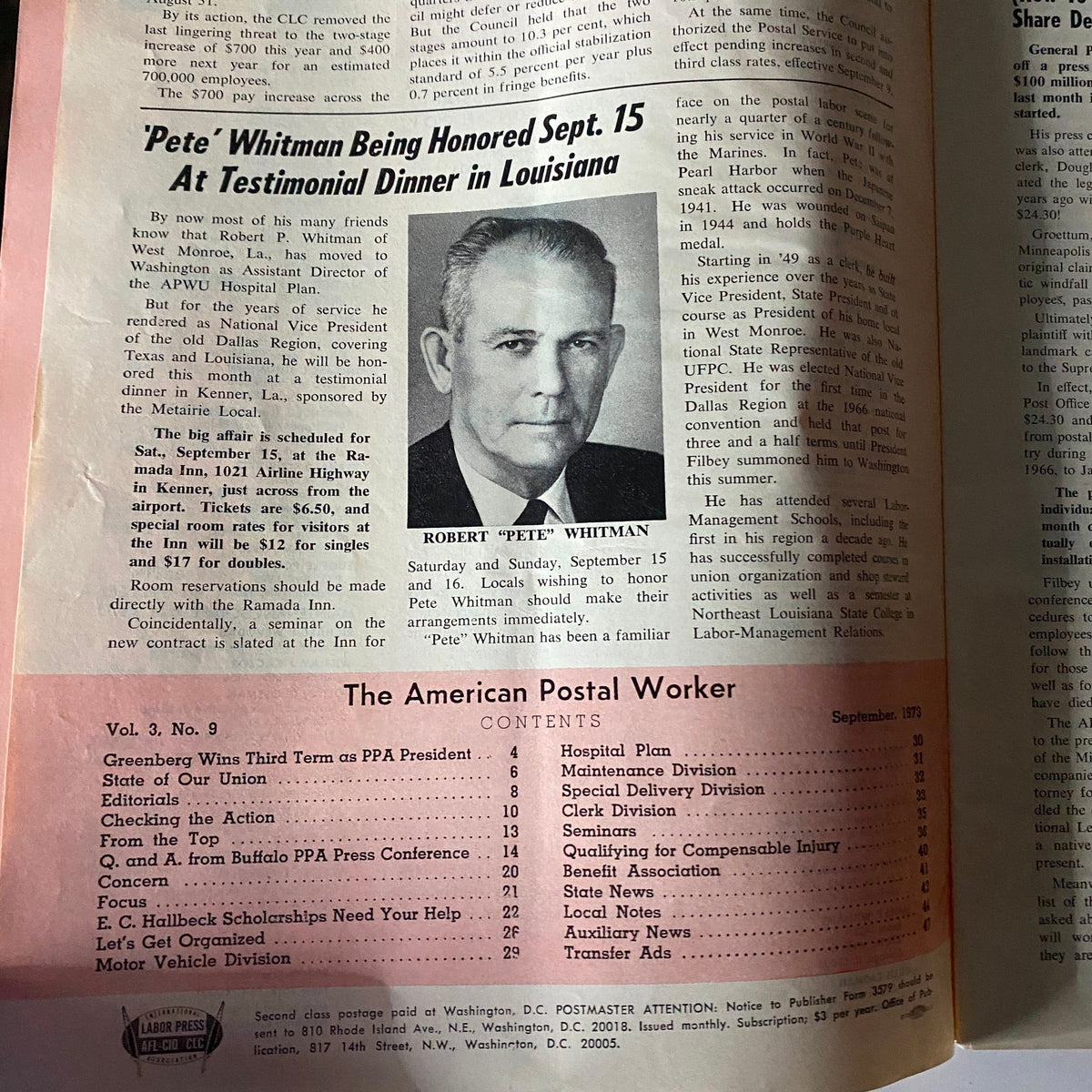 Article within VTG The American Postal Worker Magazine September 1973 honoring Robert 'Pete' Whitman with a photo, detailing his contributions and a testimonial dinner in Louisiana.