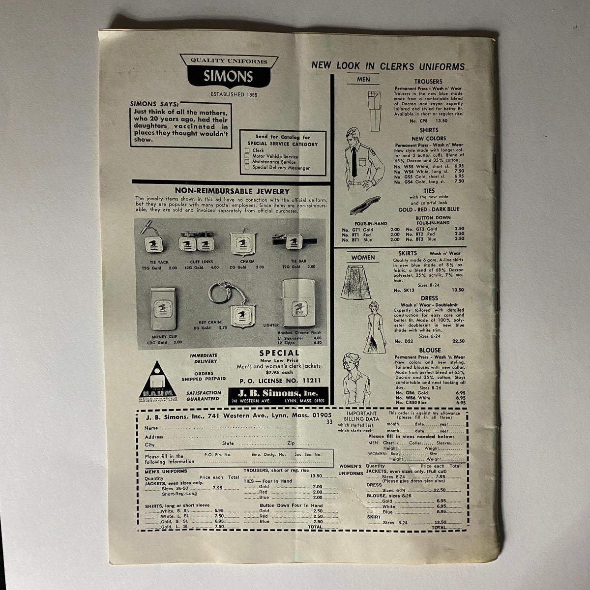 Advertisement page from VTG The American Postal Worker Magazine March 1973 displaying uniform options, jewelry, and special offers from J.B. Simons for postal employees.