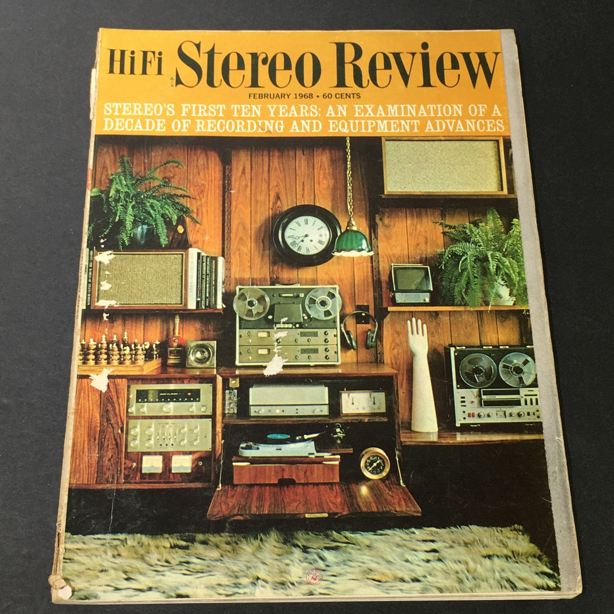 Cover of VTG HiFi Stereo Review Magazine February 1968 featuring stereo equipment and recording technology, showcasing a vintage aesthetic with furniture and audio devices.
