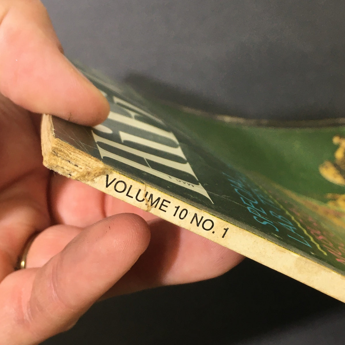 Side view of the HiFi Stereo Review Magazine January 1963, displaying the spine with the text 'VOLUME 10 NO. 1' and visible signs of aging, highlighting its collectible nature.