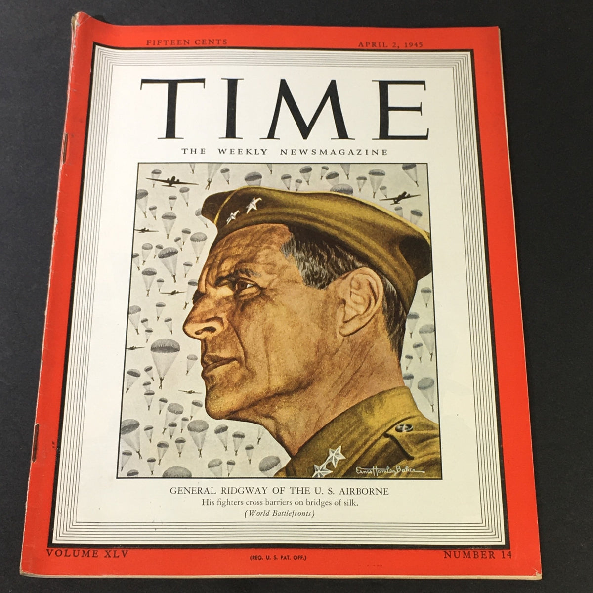 VTG Time Magazine Vol. 45 #14 April 2 1945 featuring a profile of US Airborne General Matthew Ridgway on the cover, showcasing historical significance and military themes.