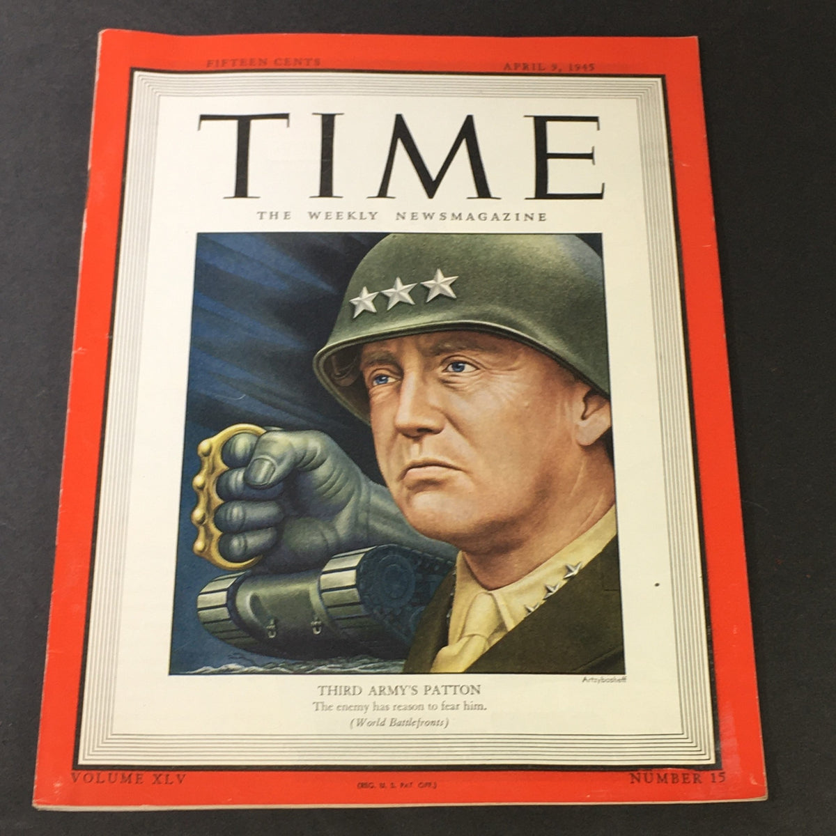 Vintage Time Magazine Volume 45, Number 15, April 9, 1945. The cover features a striking illustration of General George S. Patton in military uniform, emphasizing his leadership during World War II.