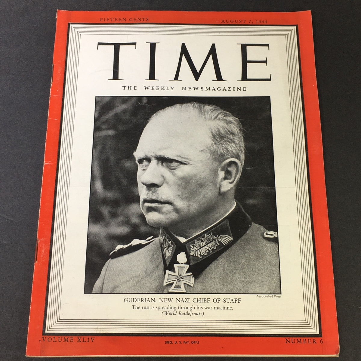 Vintage Time Magazine Vol. 44 #6 from August 7, 1944 featuring a cover photo of German General Heinz Guderian, highlighting his role as a military strategist during World War II.