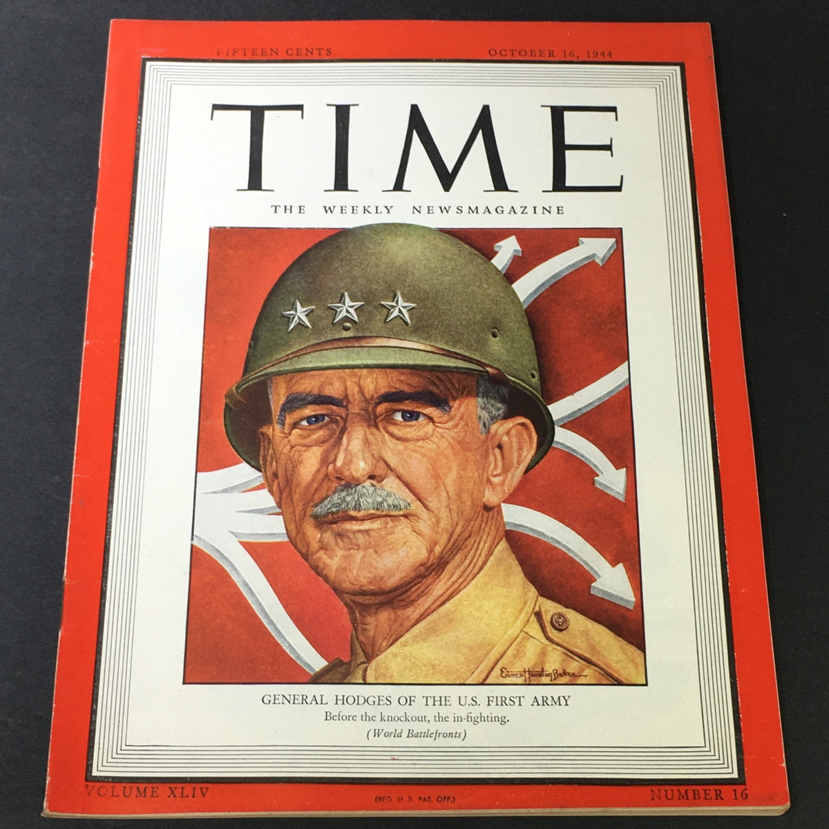 Cover of VTG Time Magazine Volume 44 #16 dated October 16, 1944, featuring a portrait of General Courtney Hodges of the U.S. First Army, illustrating his role during World War II.