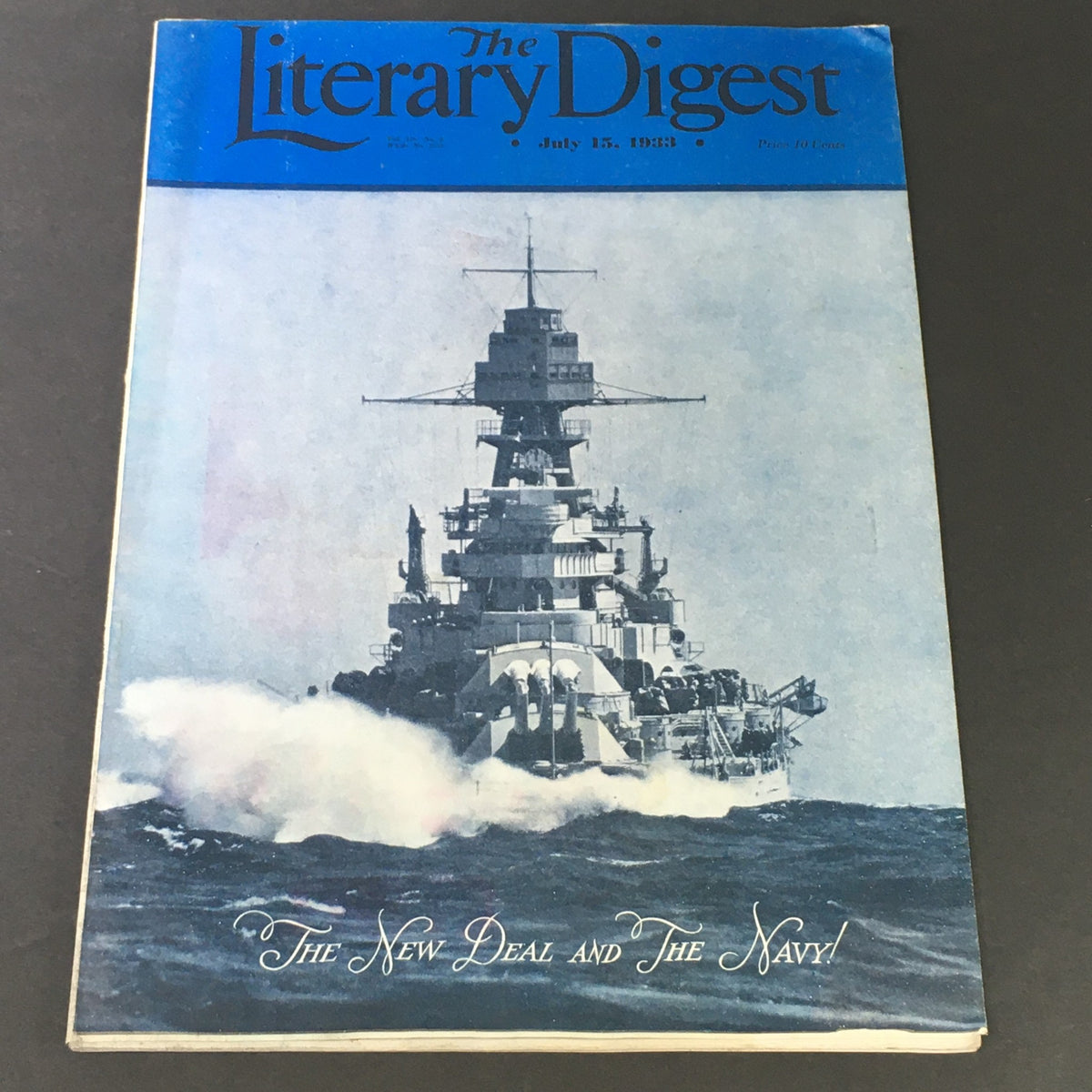 Cover of the Vintage Literary Digest Magazine from July 15, 1933, featuring the title 'The New Deal and The Navy' with an image of a naval battleship in action.
