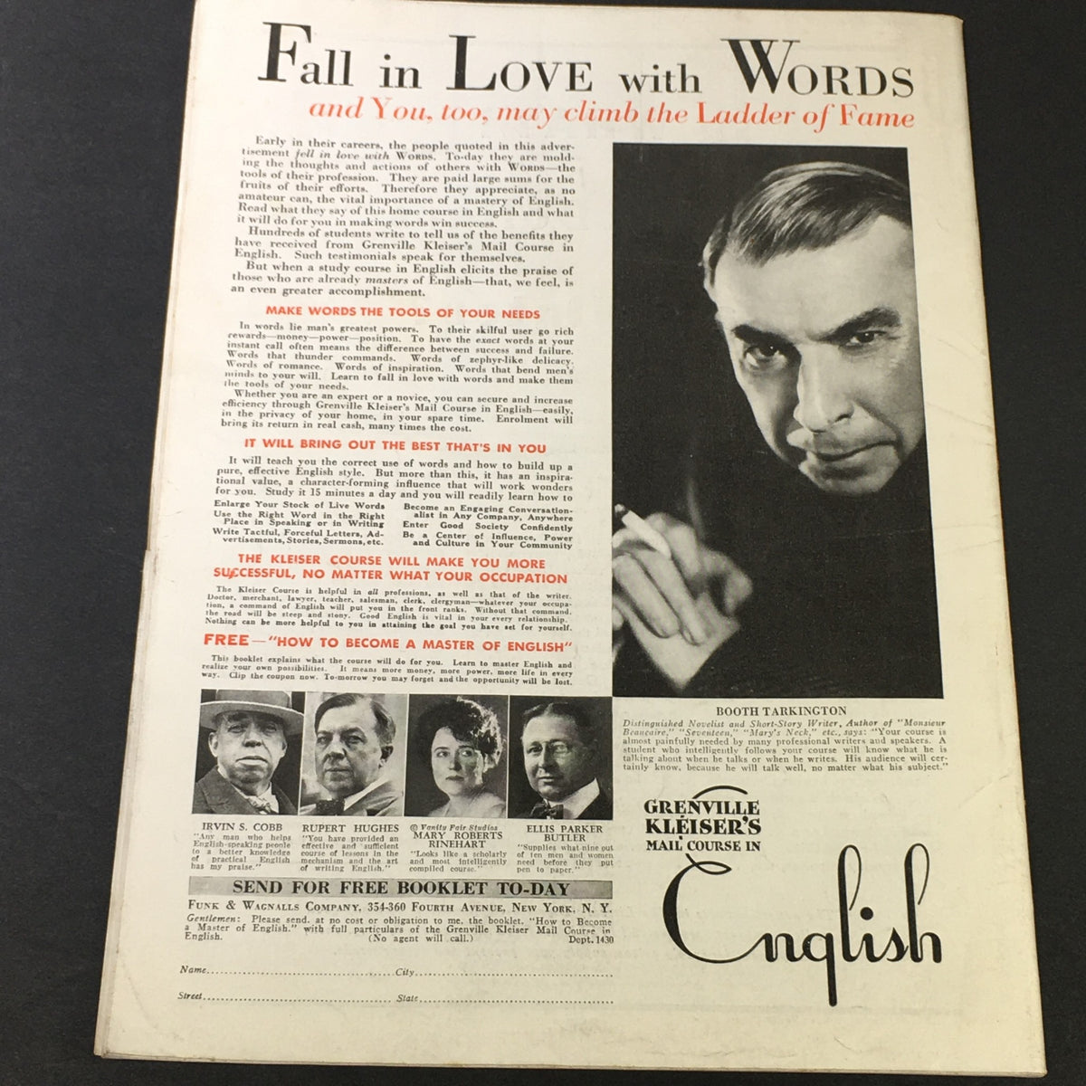 Back page advertisement of VTG The Literary Digest Magazine from December 9, 1933 promoting Greenville Kleiser's Mail Course in English, featuring portraits of notable authors and an advertisement for mastering English skills.