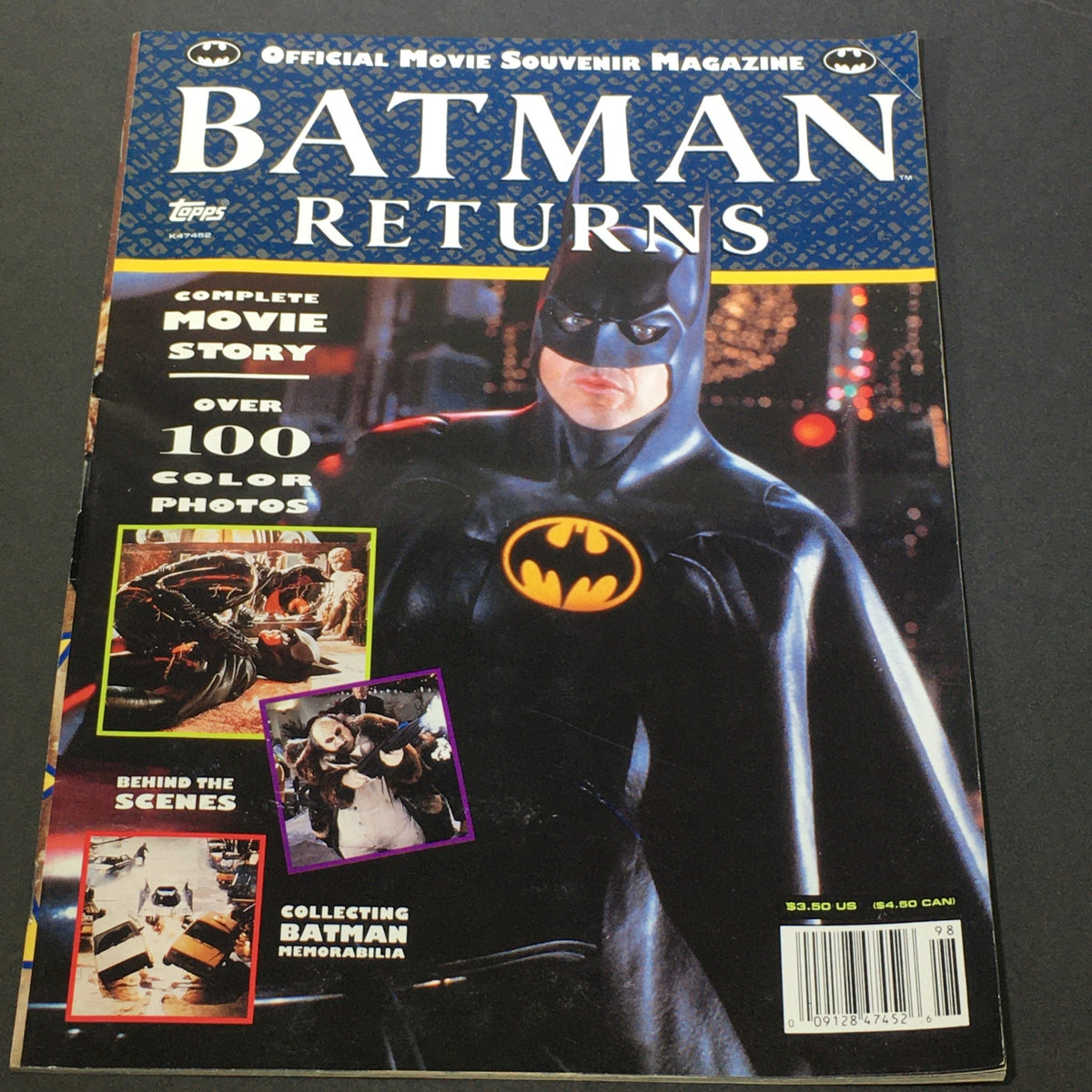 Cover of the Topps Official Movie Souvenir Magazine 1992 featuring Michael Keaton as Batman in Batman Returns, showcasing complete movie story and over 100 color photos.