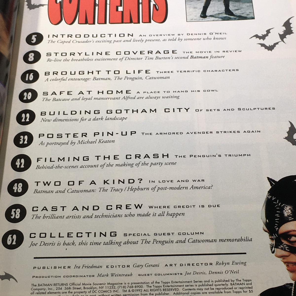 Table of contents page from the Topps Official Movie Souvenir Magazine 1992, detailing various sections including story coverage and behind-the-scenes features related to Batman Returns.