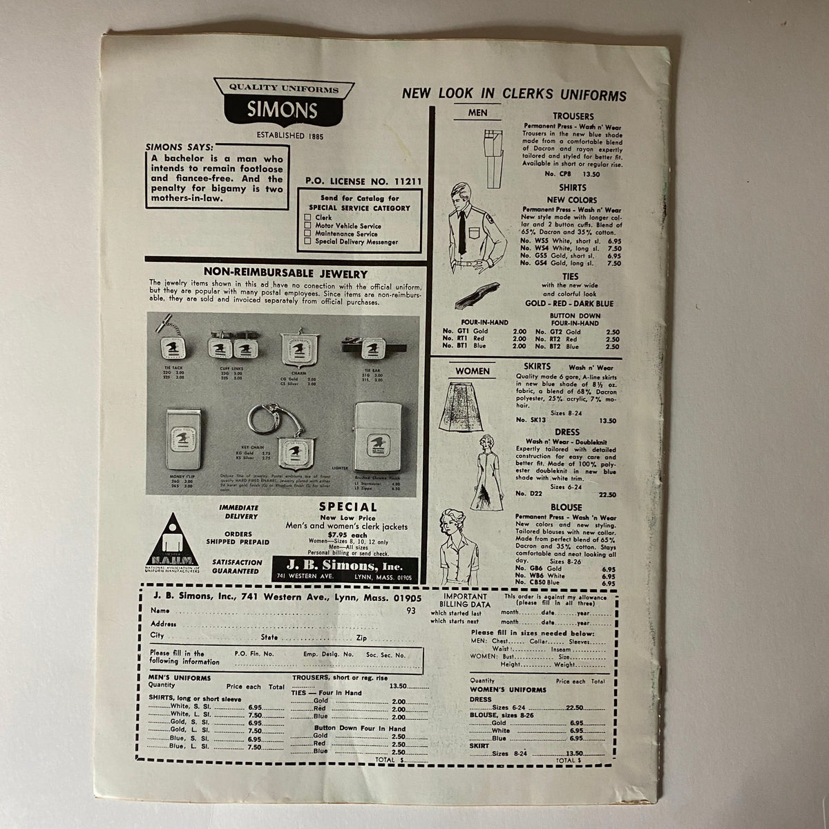 An advertisement page from The American Postal Worker Magazine October 1973 showcasing quality uniforms available for postal workers, detailing sizes and prices.
