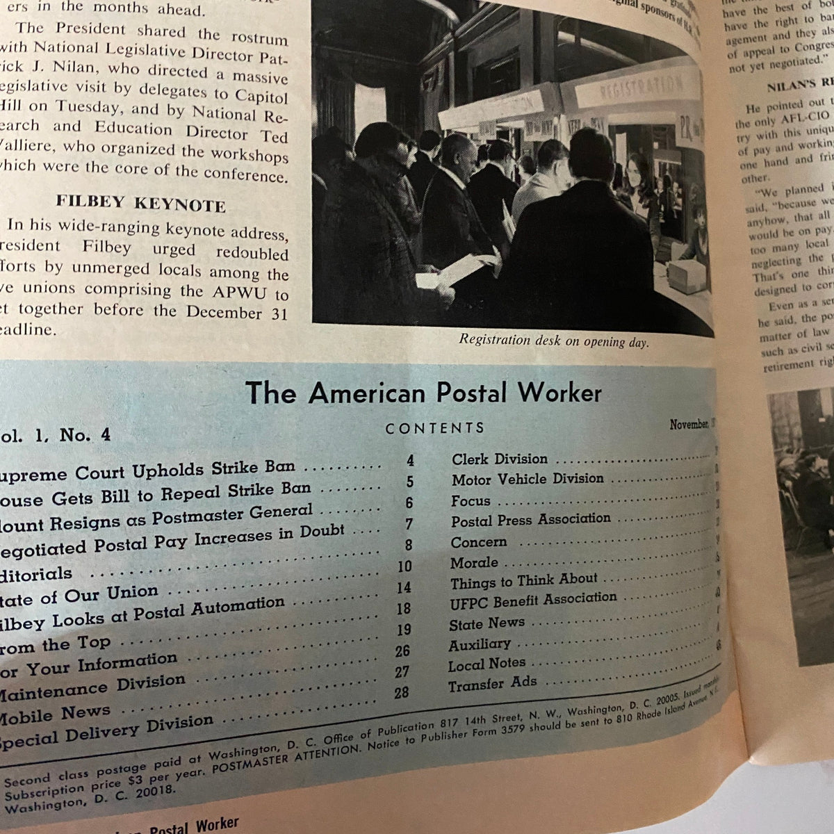 Inside page of The American Postal Worker Magazine November 1971 displaying the contents section and a photograph of the registration desk on opening day at the APWU National Workshop.
