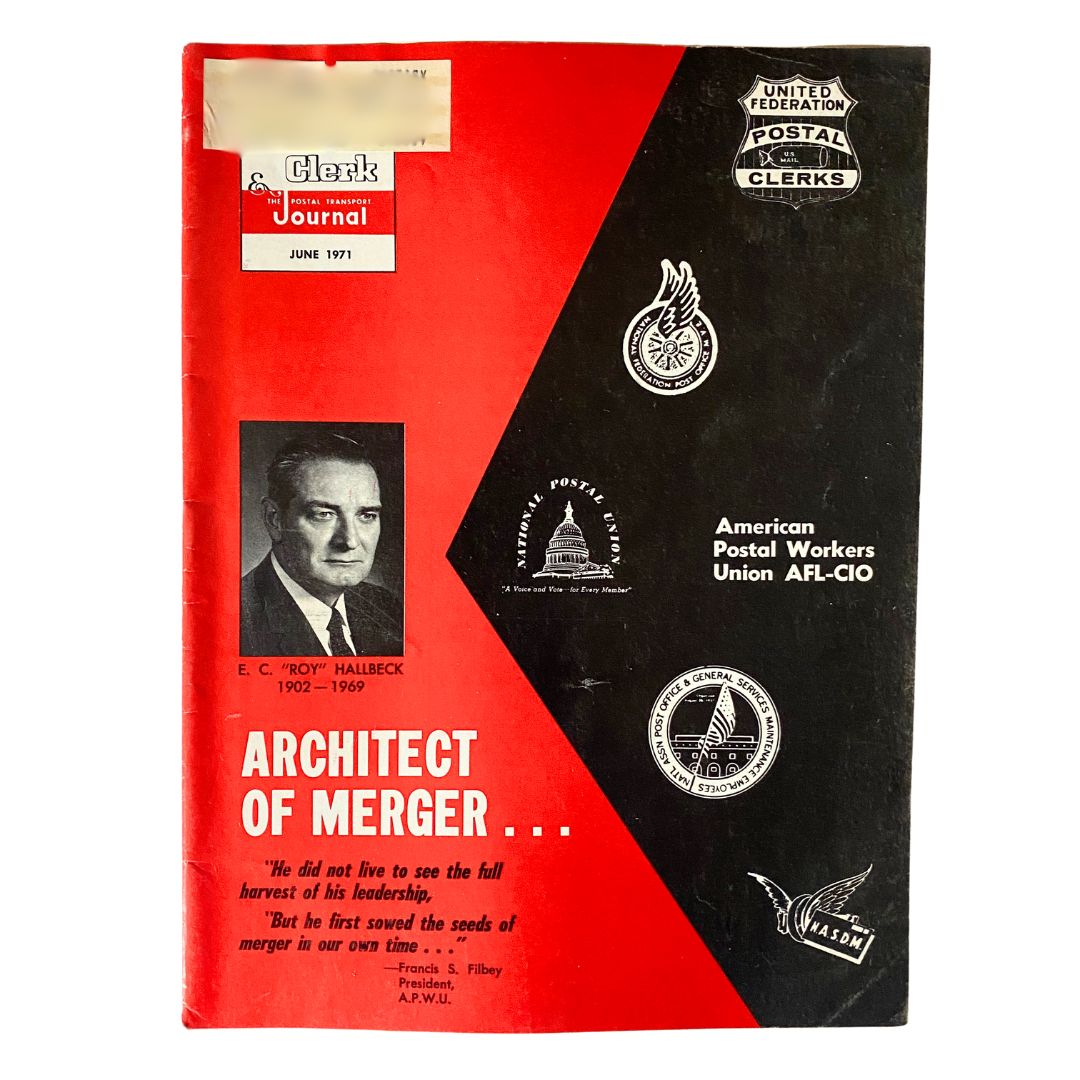 Cover of VTG The Union Postal Clerk Journal June 1971 featuring E.C. Roy Hallbeck, showing postal service emblems and a quote about leadership.