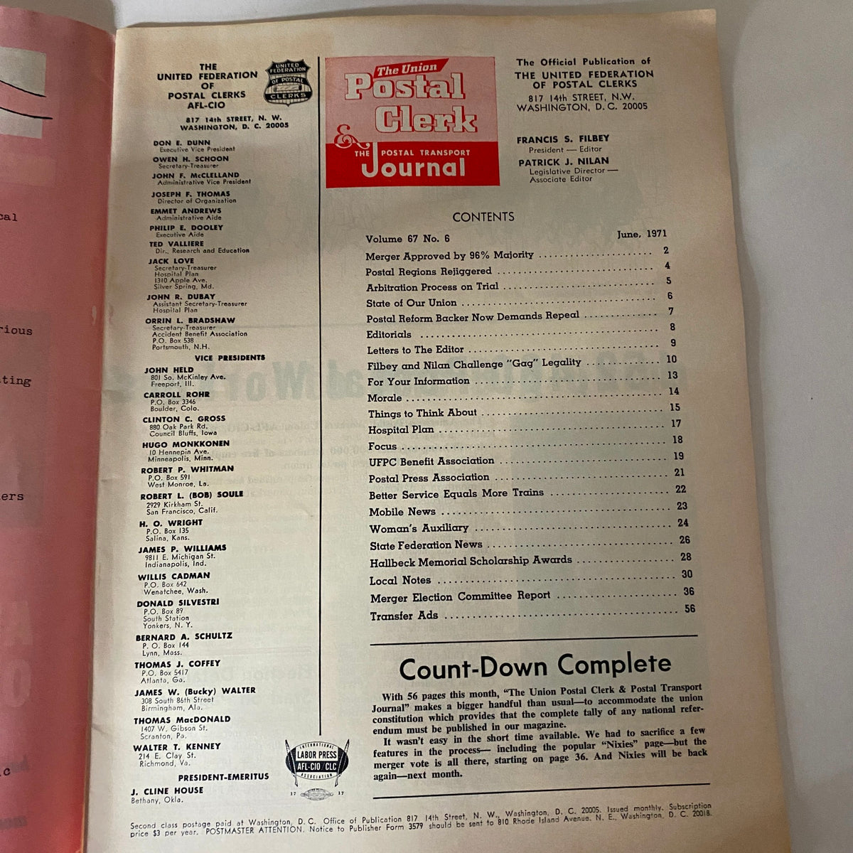 Inside page of VTG The Union Postal Clerk Journal June 1971 with the table of contents and official publication details of the United Federation of Postal Clerks.