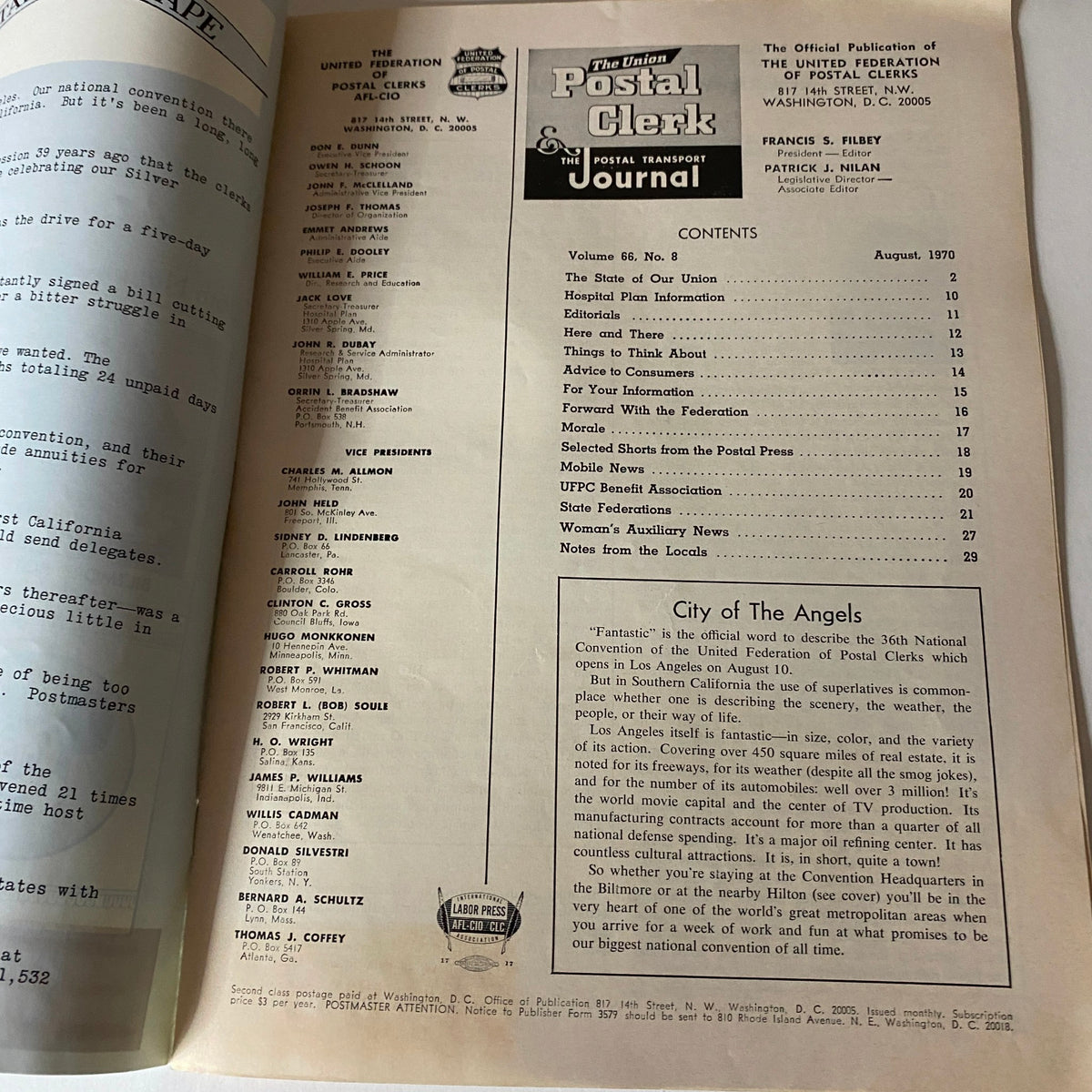 Interior page of VTG The Union Postal Clerk Journal August 1970, showcasing the contents including articles and features related to postal workers and the community.