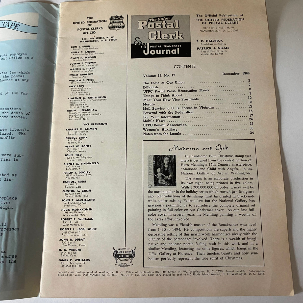 Inside page of VTG The Union Postal Clerk Journal December 1966 displaying the table of contents, highlighting historical articles and features.