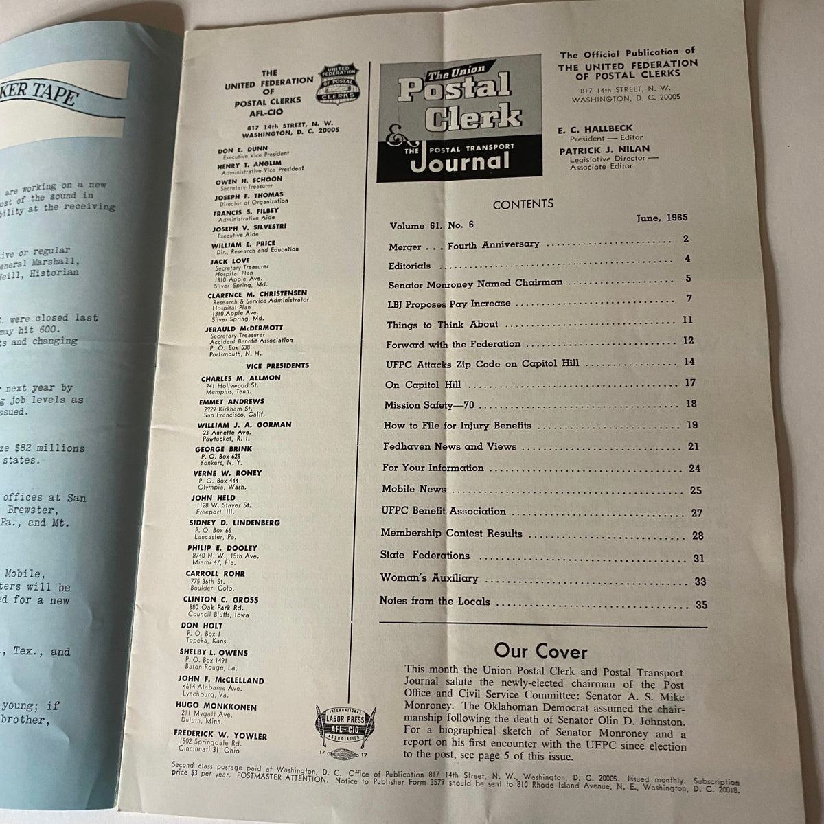 Vintage June 1965 edition of The Union Postal Clerk Journal, showcasing contents including articles by Senator A.S. Mike Monroney, presented by the United Federation of Postal Clerks.