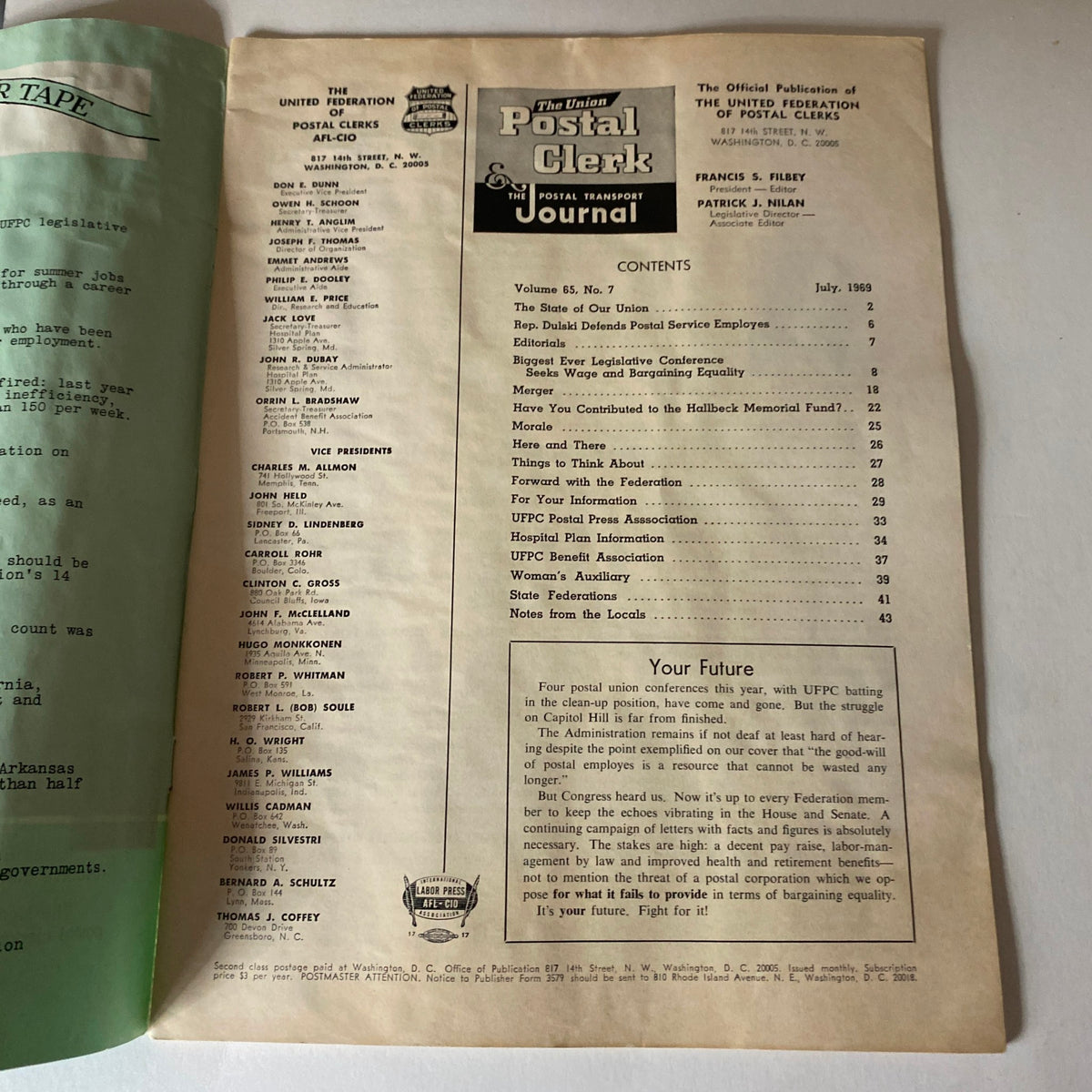 Cover page of the VTG The Union Postal Clerk Journal from July 1969, featuring contents and details about the UFPC Legislative Conference.