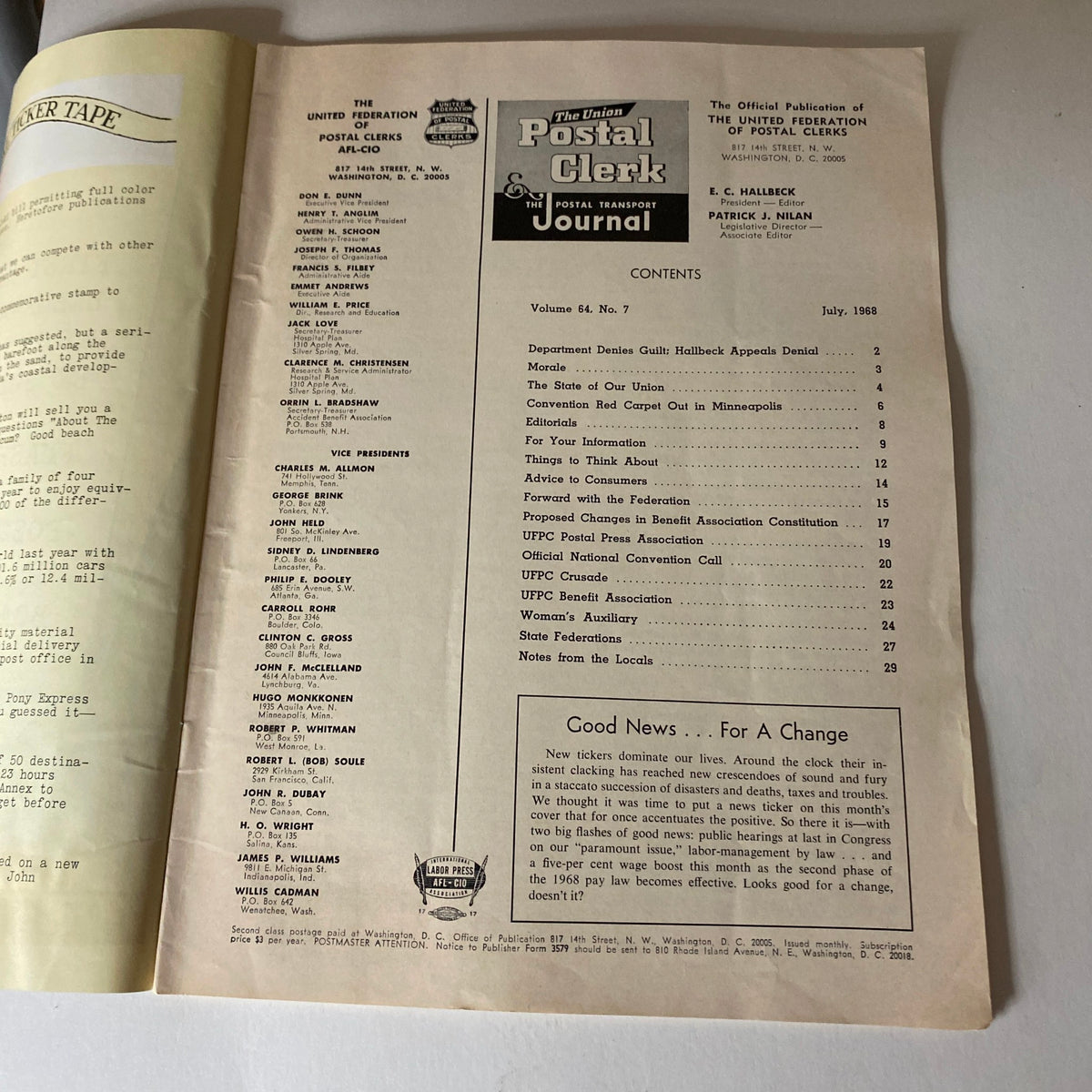 Table of contents page from the VTG The Union Postal Clerk Journal July 1968, detailing various articles and topics included in the publication.