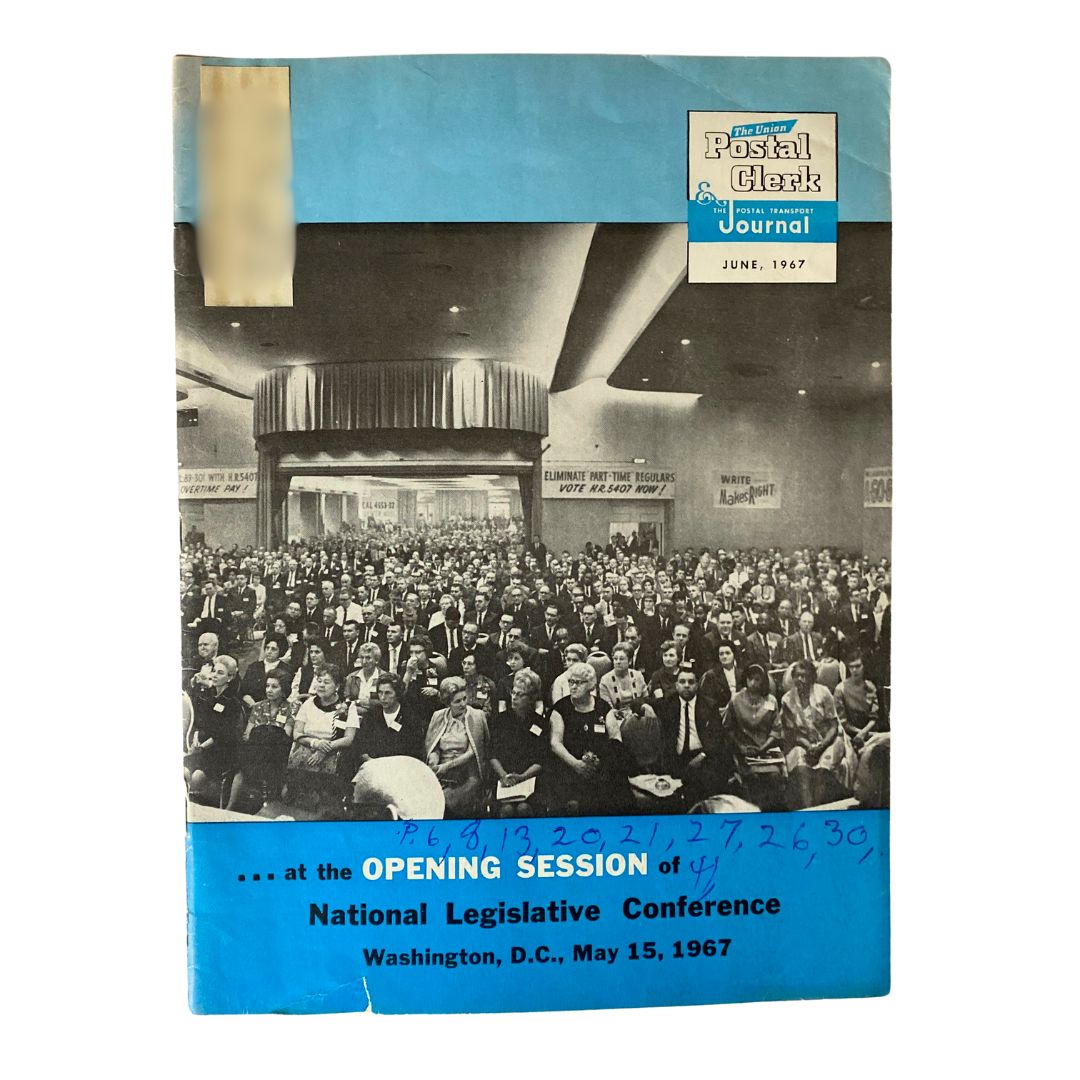 VTG The Union Postal Clerk Journal June 1967 cover featuring a packed audience at the Opening Session of the National Legislative Conference in Washington, D.C.
