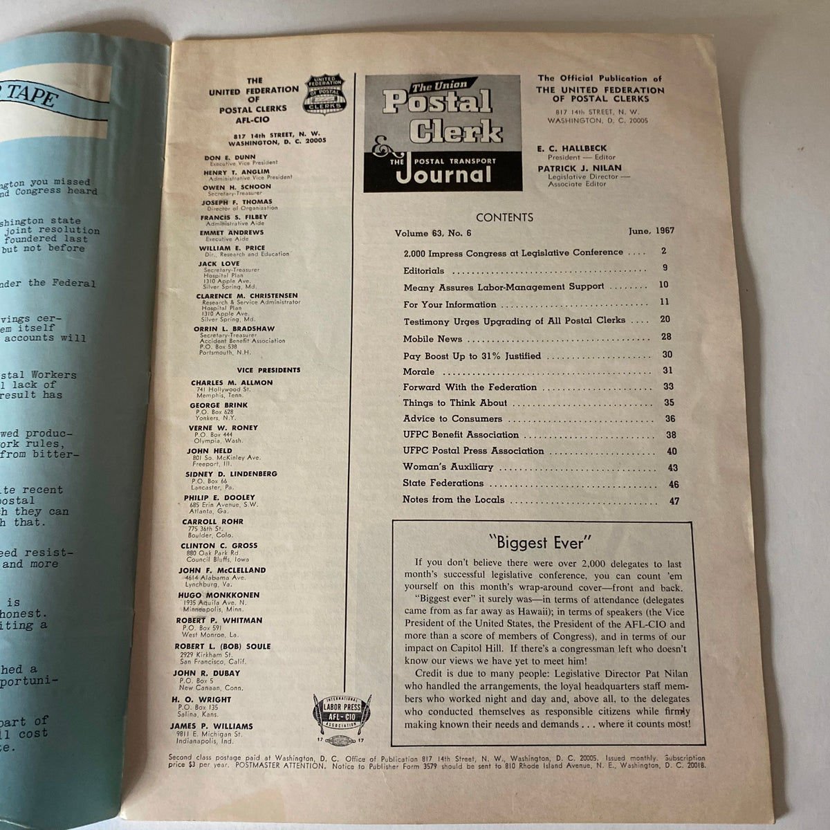 Inside page of VTG The Union Postal Clerk Journal June 1967 displaying the contents, including significant articles related to postal service and union discussions.