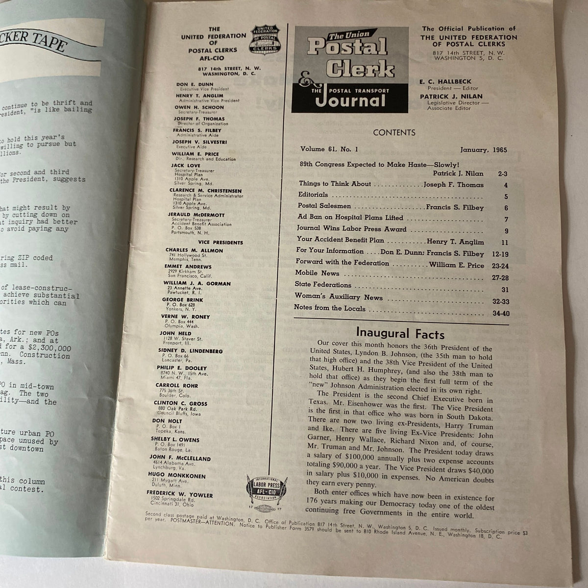 Interior page of The Union Postal Clerk Journal January 1965 listing contents, providing insights into postal service discussions and historical context.