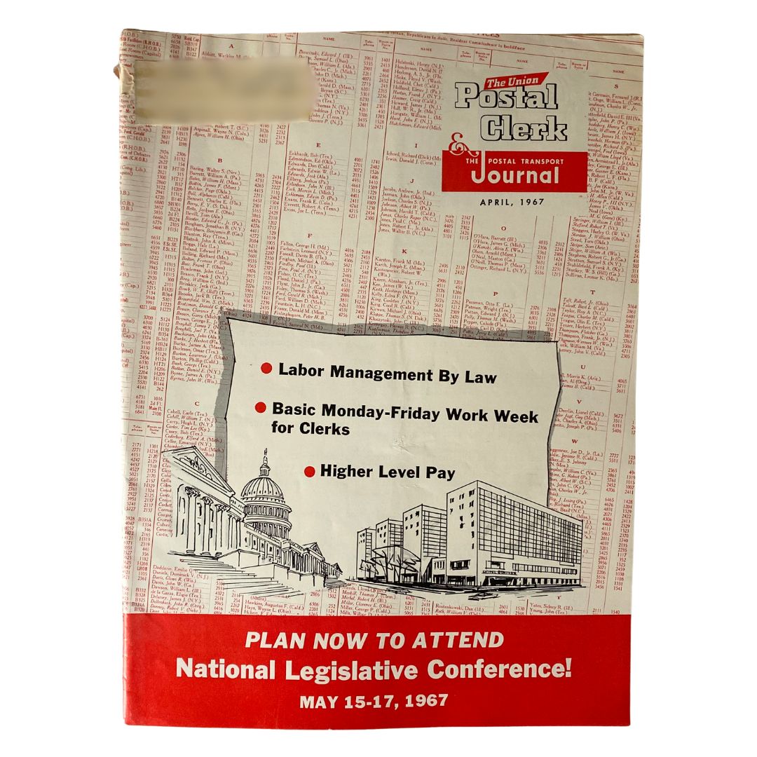 Cover of the Union Postal Clerk Journal from April 1967, highlighting topics such as labor management by law and the National Legislative Conference.