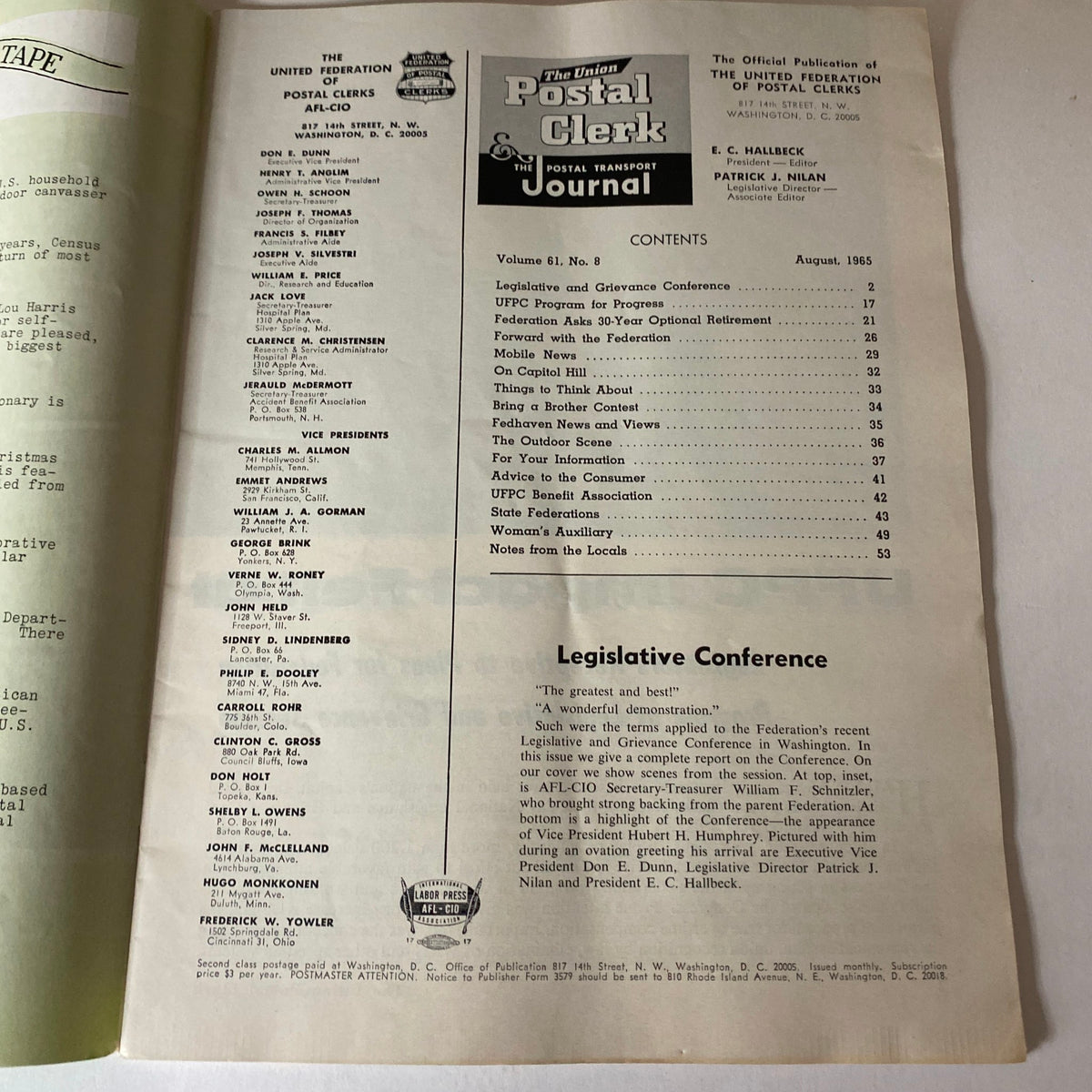 Contents page of VTG The Union Postal Clerk Journal August 1965, detailing articles and topics discussed in the issue.