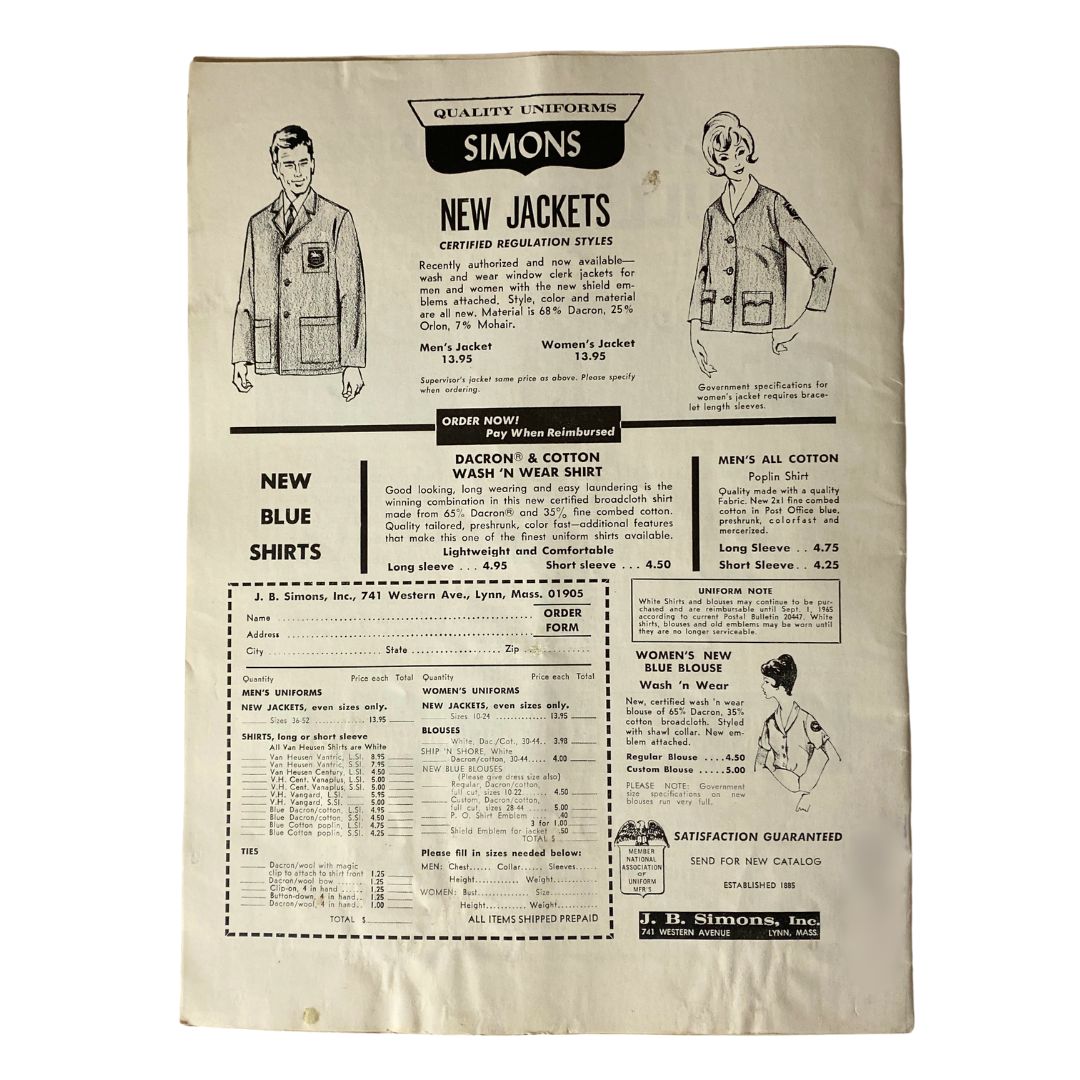 Advertisement page for SIMONS New Jackets in VTG The Union Postal Clerk Journal August 1965, showcasing uniform options for postal employees.