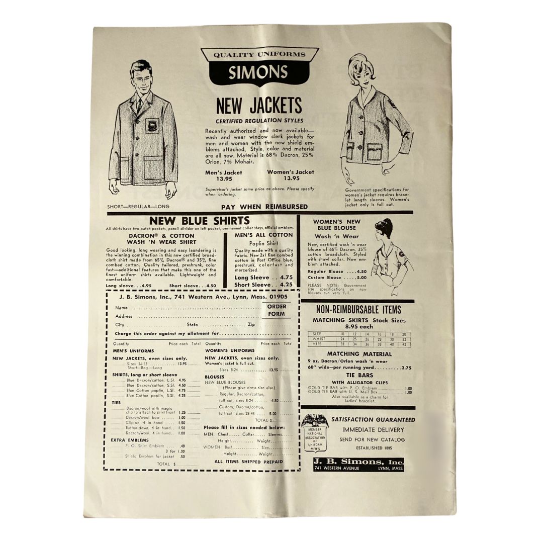Advertisement page in VTG The Union Postal Clerk Journal November 1965 showcasing uniforms and apparel for postal workers.
