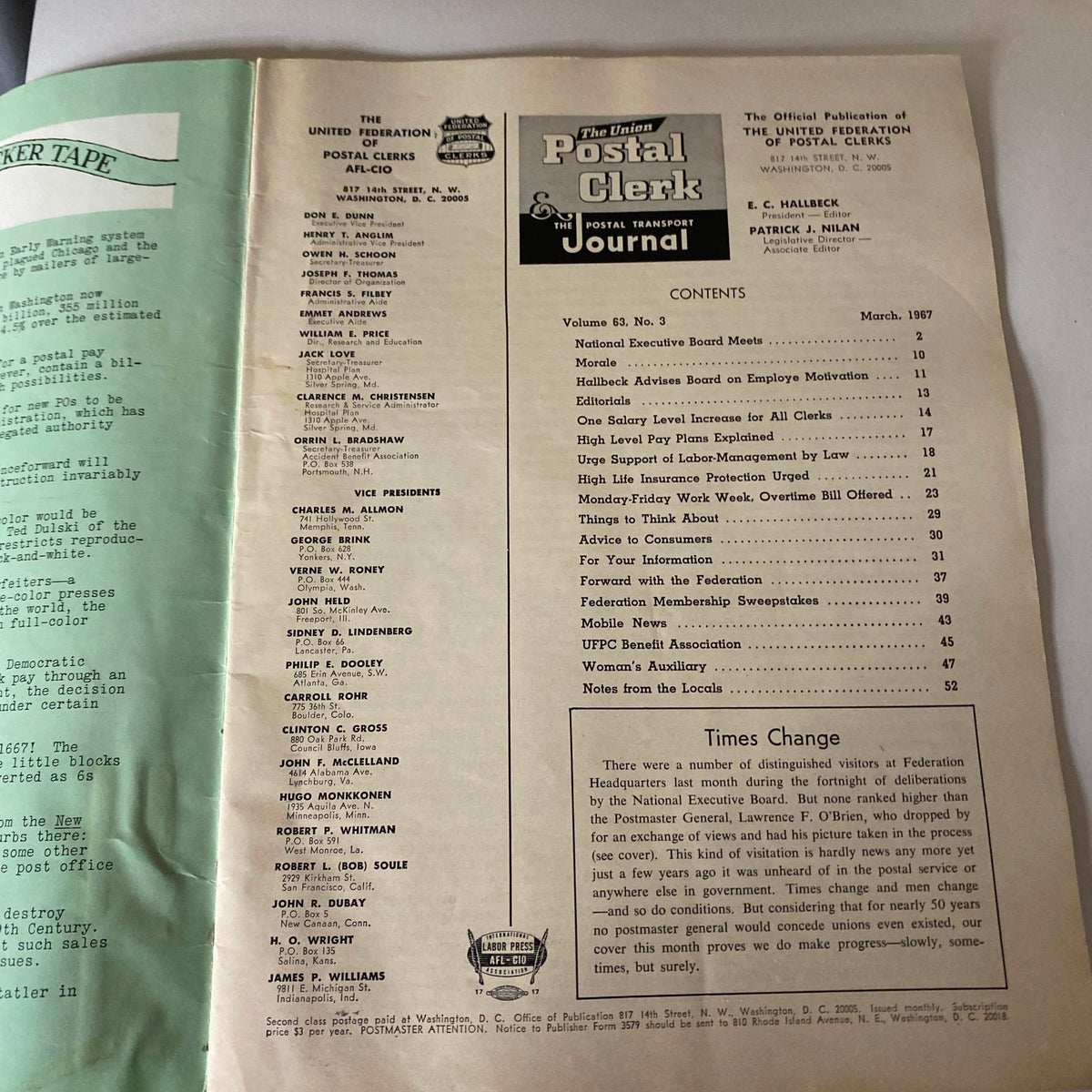 Inside view of the VTG The Union Postal Clerk Journal March 1967 showcasing the table of contents for the National Executive Board Meeting.
