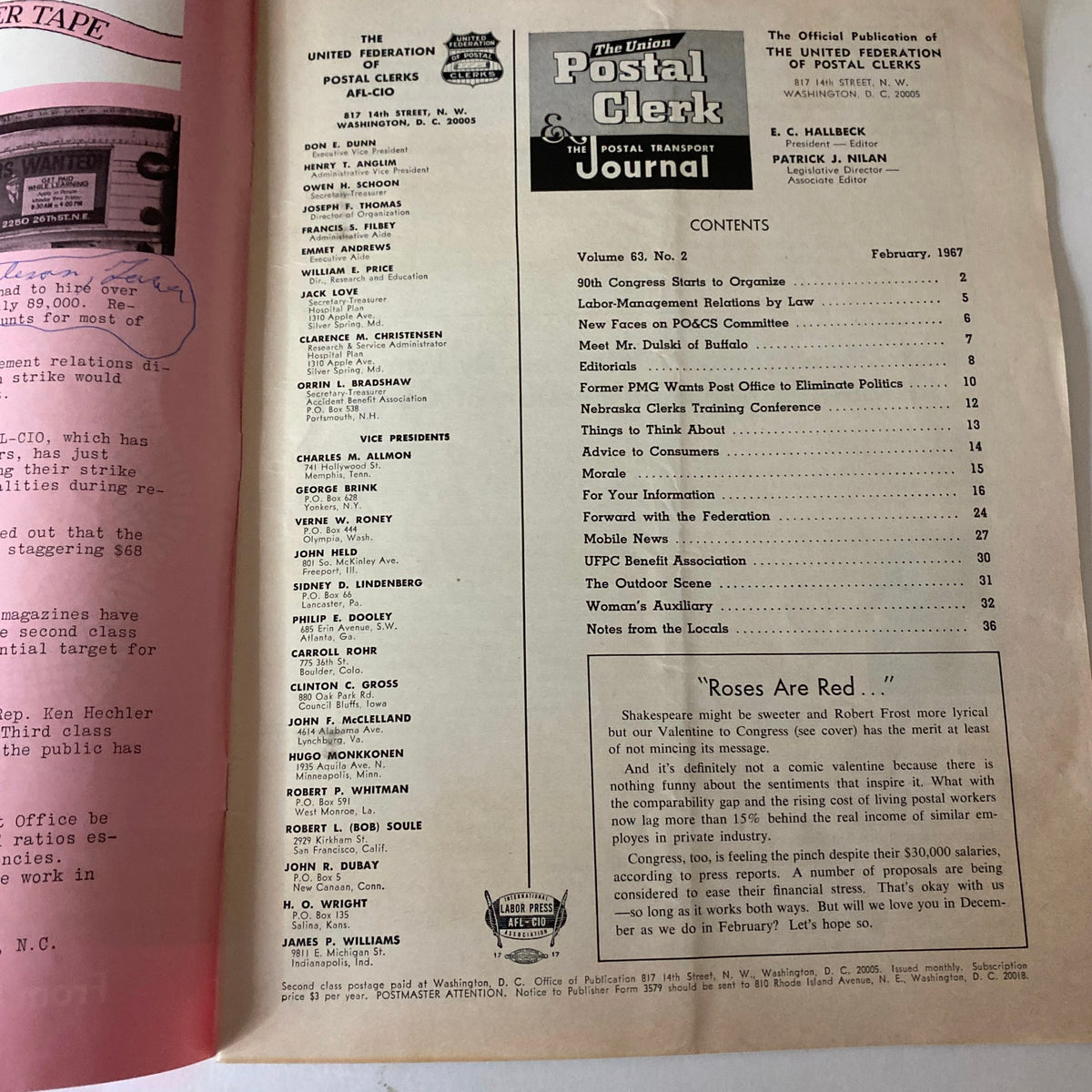 Interior page of VTG The Union Postal Clerk Journal February 1967, featuring contents and editorial information, highlighting topics related to postal services and labor relations.