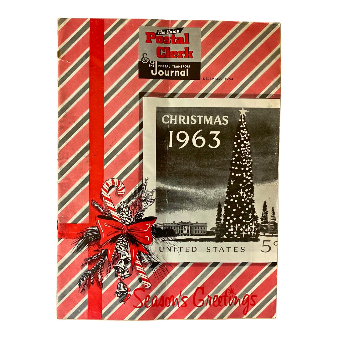 VTG The Union Postal Clerk Journal December 1963 cover featuring a festive design with a Christmas tree, red bow, and candy cane, celebrating the holiday season.