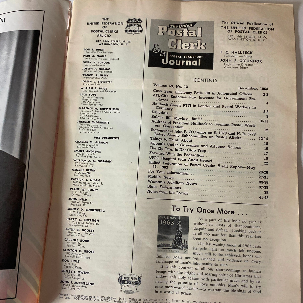 Inside page of VTG The Union Postal Clerk Journal December 1963 detailing the contents and articles featured in this vintage publication.