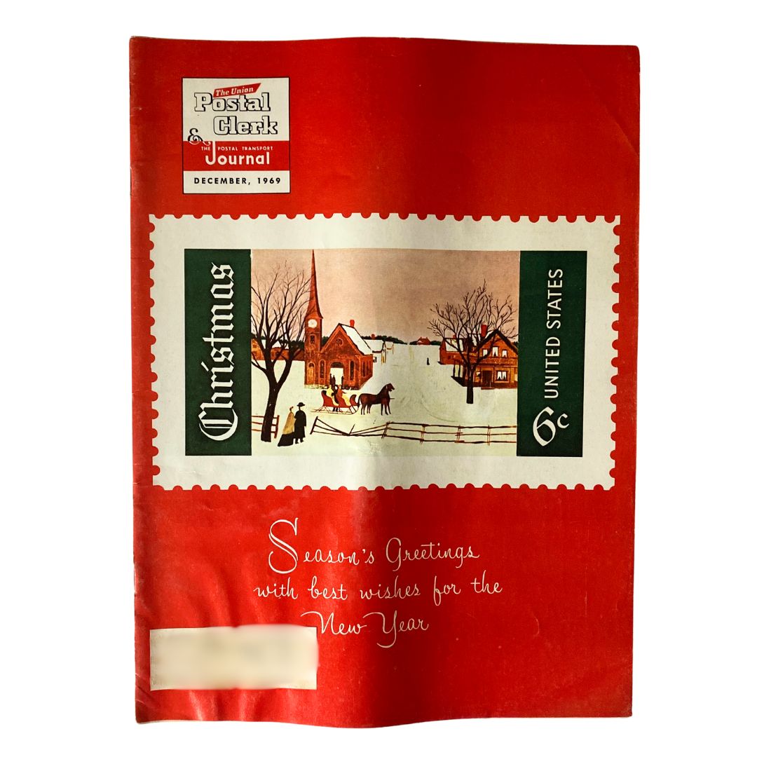 VTG The Union Postal Clerk Journal December 1969 cover featuring a festive winter scene with postal theme and Christmas greetings in the United States.