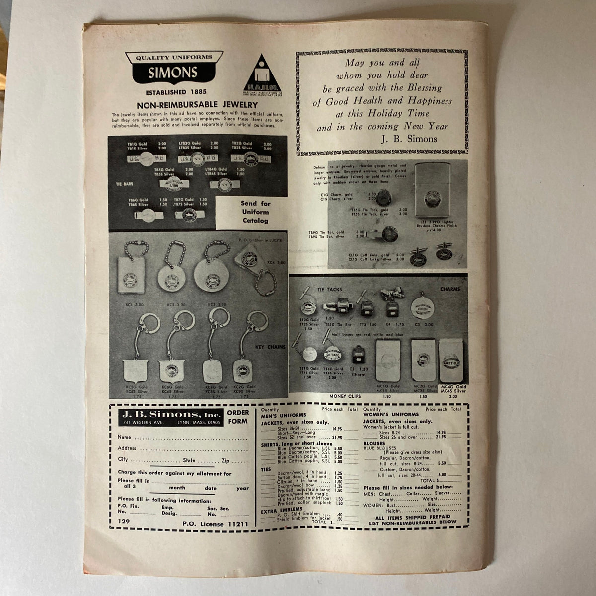 Back page of VTG The Union Postal Clerk Journal December 1969 displaying an advertisement for jewelry, highlighting the vintage marketing style of the era.