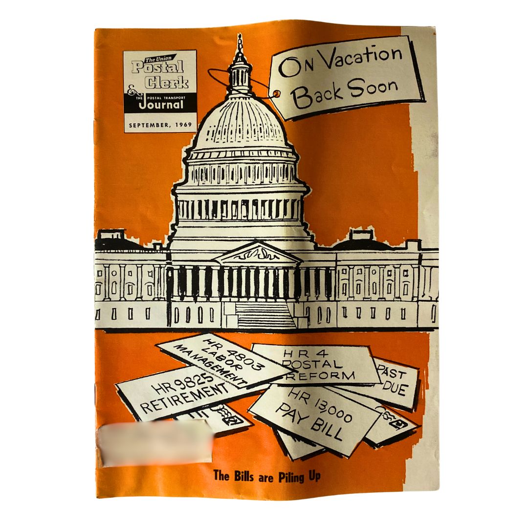 VTG The Union Postal Clerk Journal September 1969 cover featuring the U.S. Capitol building with the title 'The Bills Are Piling Up' and graphics of postal documents.