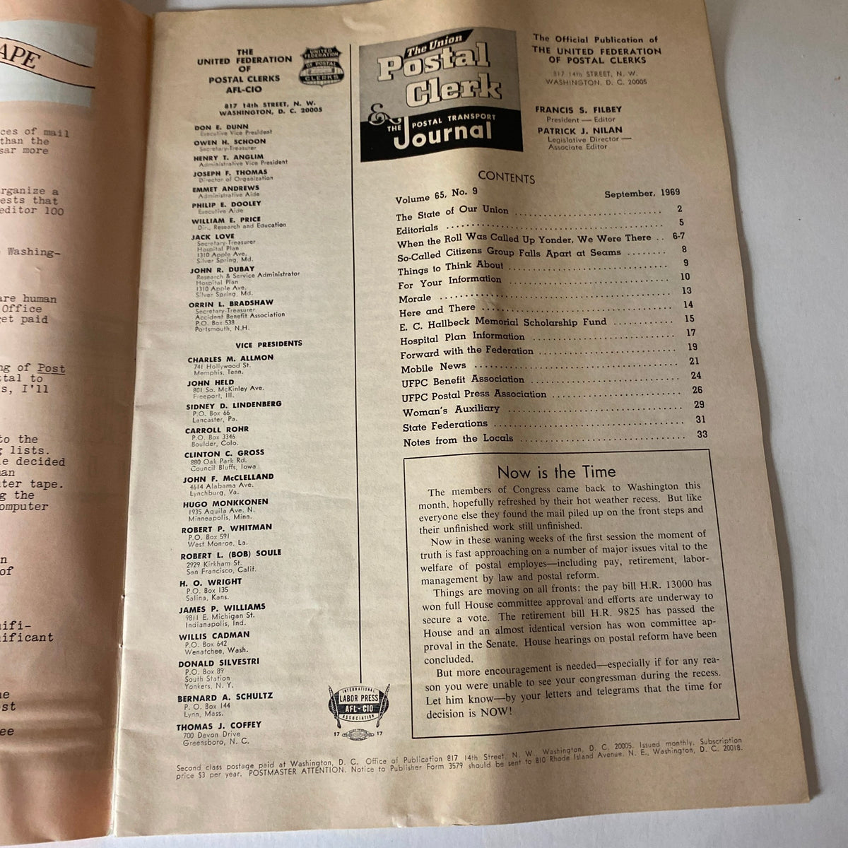 VTG The Union Postal Clerk Journal September 1969 contents page displaying a list of articles and features relevant to the postal industry.