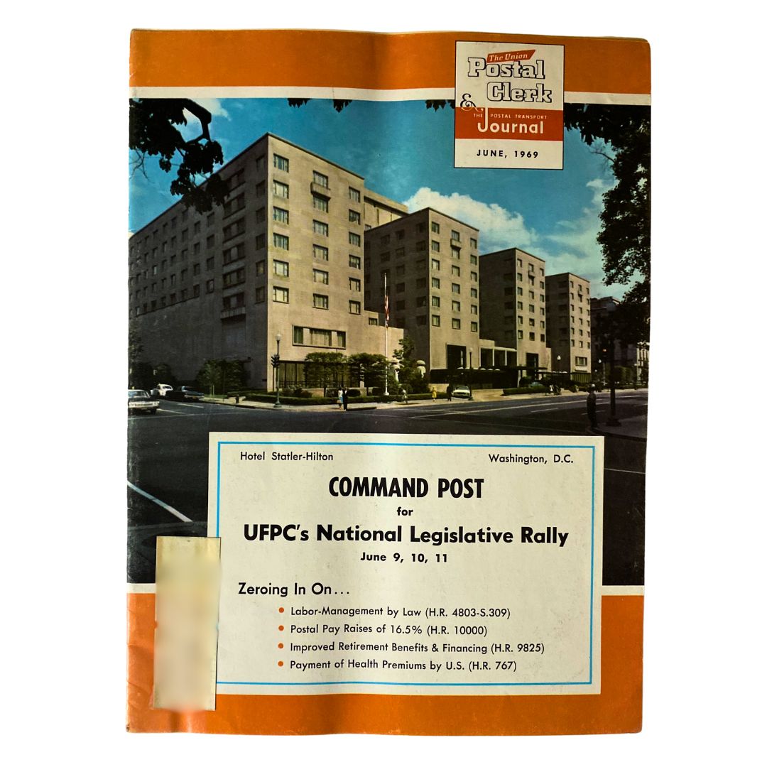 Cover of VTG The Union Postal Clerk Journal, June 1969, featuring the UFPC's National Legislative Rally with a backdrop of a Washington D.C. hotel.