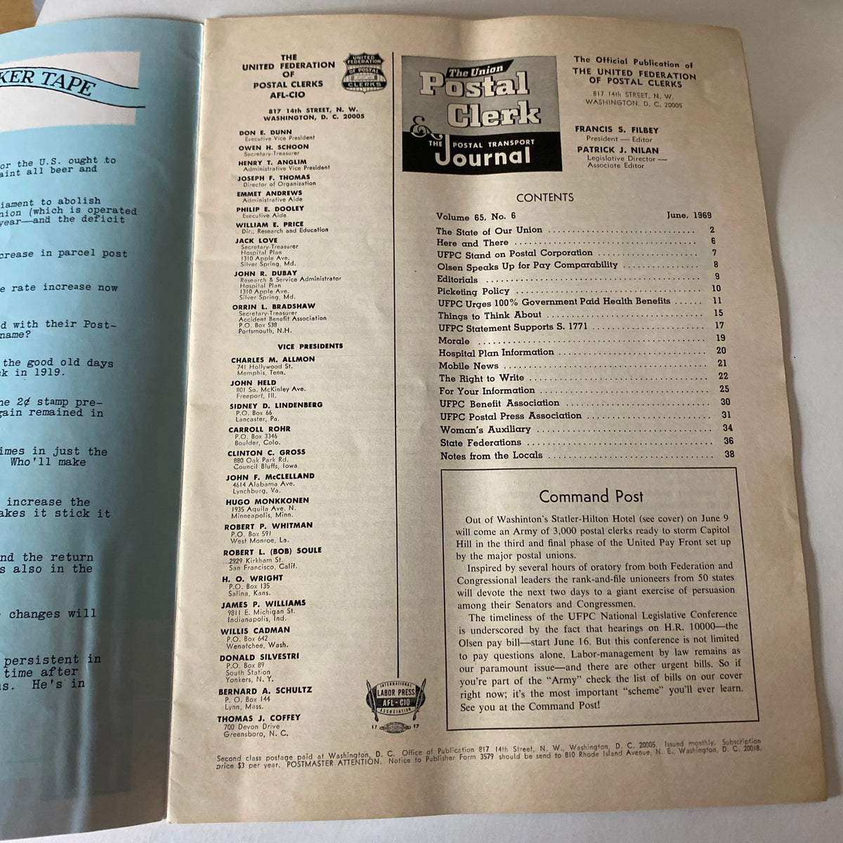 Contents page of VTG The Union Postal Clerk Journal, June 1969, showcasing articles related to postal clerks and labor history.