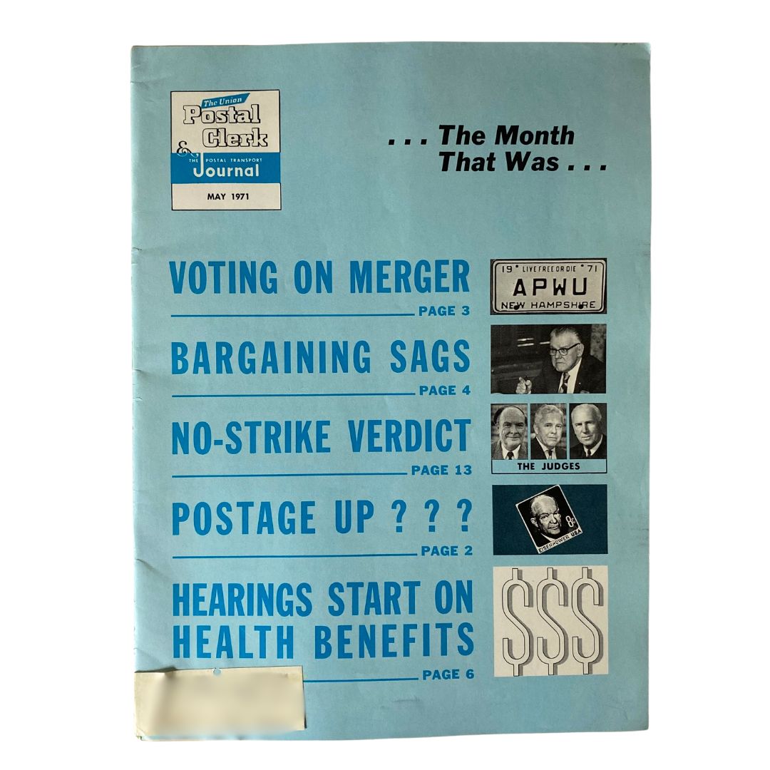 VTG The Union Postal Clerk Journal May 1971 cover featuring the title and main article topics including health benefits, voting on merger, and bargaining sags.