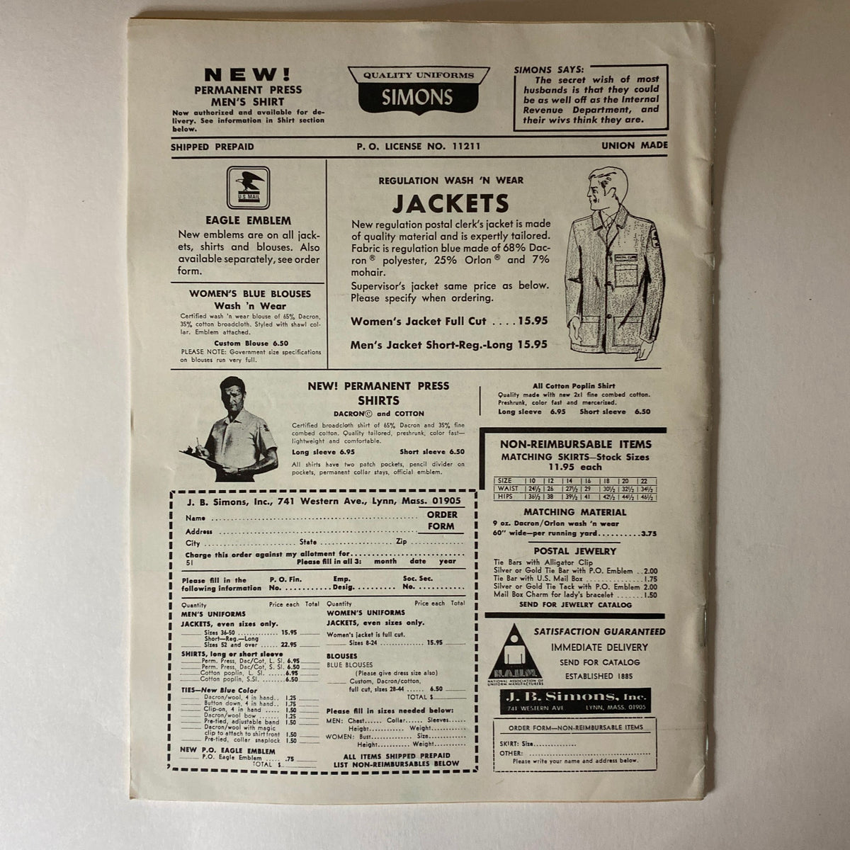 Back page advertisement of VTG The Union Postal Clerk Journal May 1971 showcasing clothing items like jackets and shirts for postal employees.