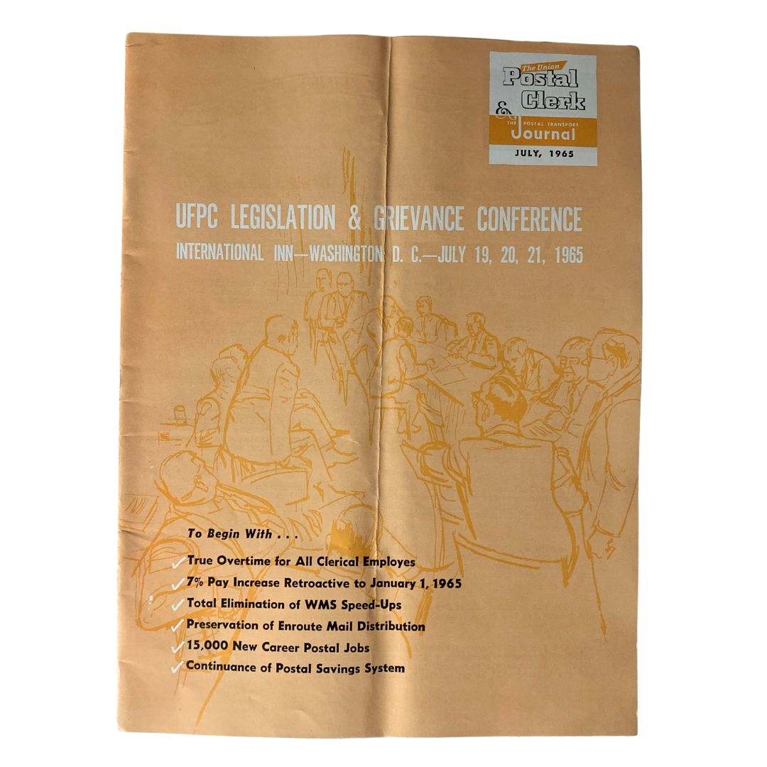 Cover of The Union Postal Clerk Journal from July 1965 featuring the UFPC Legislation & Grievance Conference, highlighting important discussions and resolutions related to postal service labor relations.