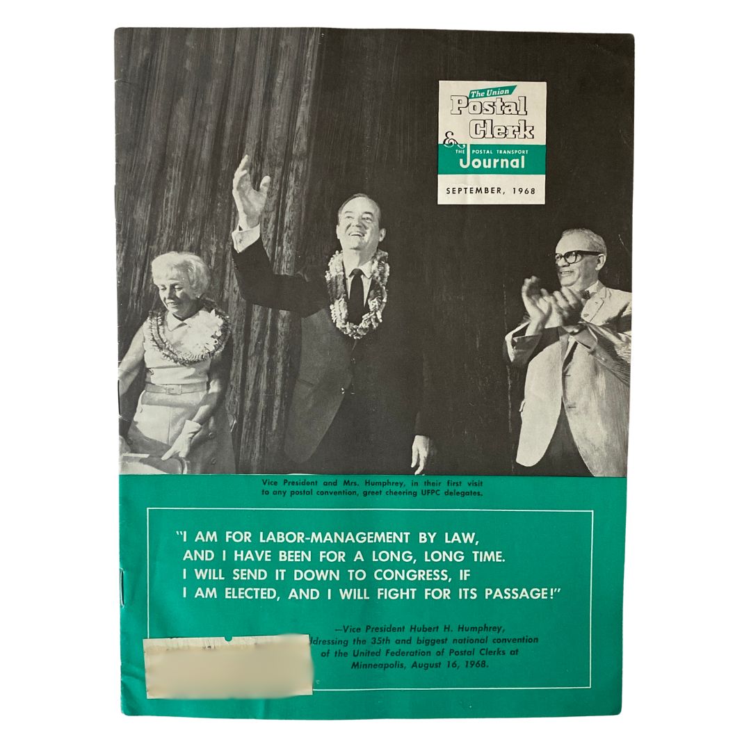 Cover of The Union Postal Clerk Journal from September 1968 featuring Vice President Hubert H. Humphrey giving a speech at a postal convention, highlighting important political themes of the time.